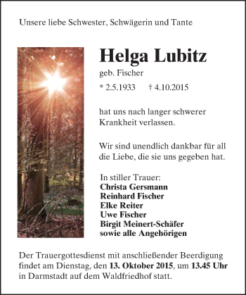 Traueranzeige von Helga Lubitz von trauer.echo-online.de