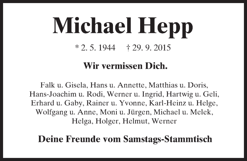  Traueranzeige für Michael Hepp vom 08.10.2015 aus trauer.echo-online.de