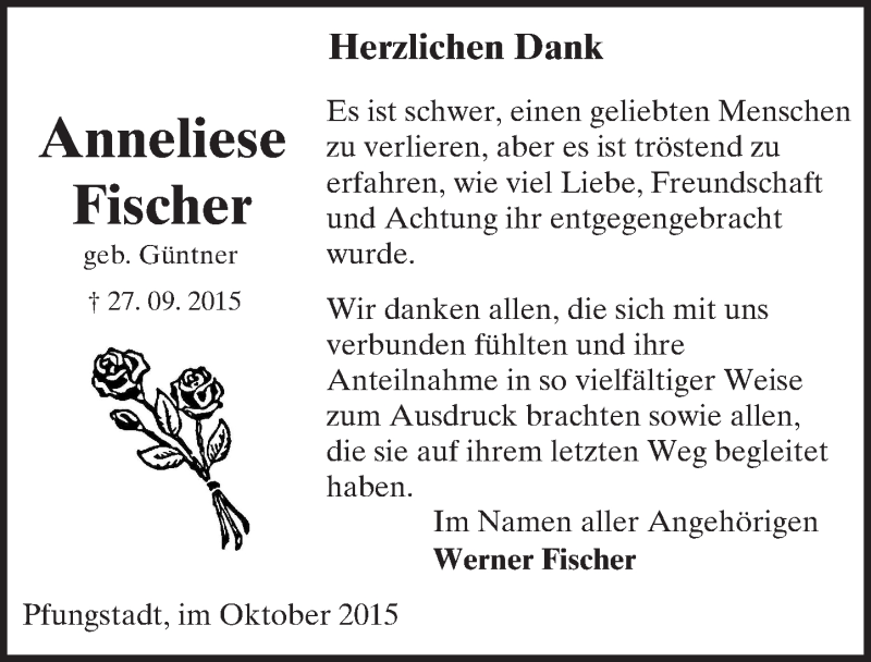  Traueranzeige für Anneliese Fischer vom 17.10.2015 aus trauer.echo-online.de