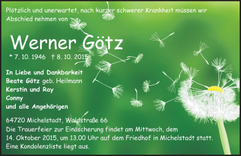 Traueranzeige von Werner Götz von Darmstädter Echo