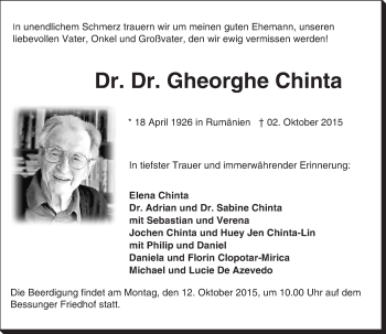 Traueranzeige von Gheorghe Chinta von trauer.echo-online.de