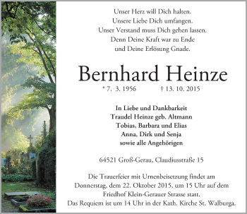 Traueranzeige von Bernhard Heinze von trauer.echo-online.de