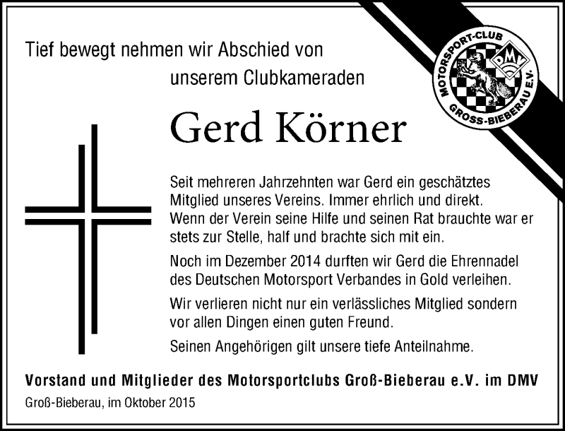  Traueranzeige für Gerd Körner vom 10.10.2015 aus trauer.echo-online.de