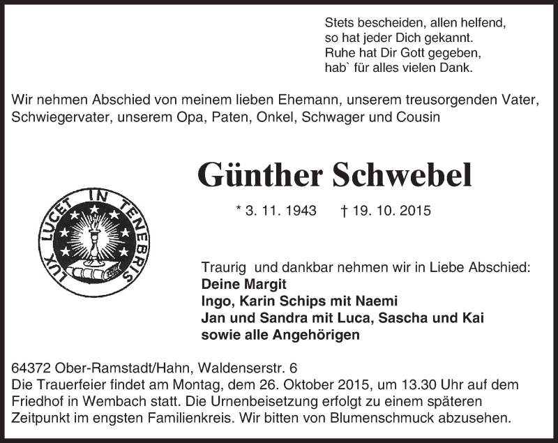  Traueranzeige für Günther Schwebel vom 24.10.2015 aus trauer.echo-online.de