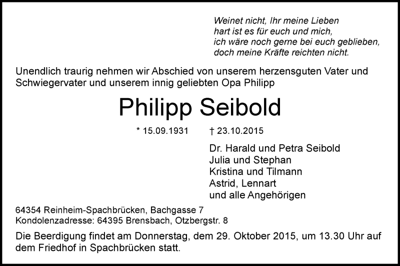 Traueranzeige für Philipp Seibold vom 27.10.2015 aus trauer.echo-online.de
