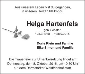 Traueranzeige von Helga Hartenfels von trauer.echo-online.de