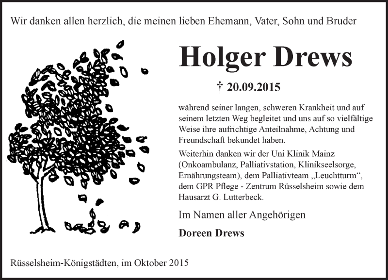  Traueranzeige für Holger Drews vom 10.10.2015 aus trauer.echo-online.de