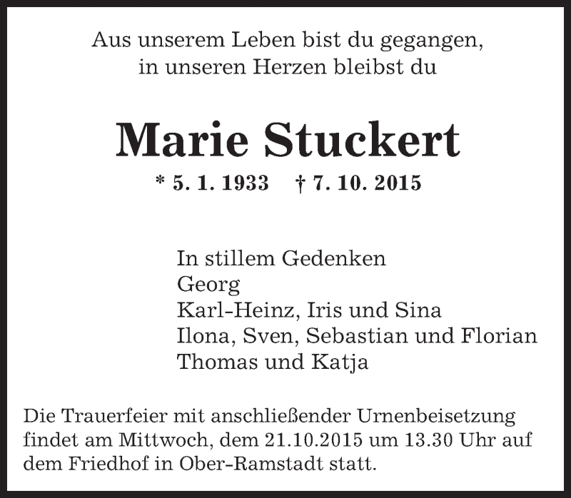  Traueranzeige für Marie Stuckert vom 17.10.2015 aus trauer.echo-online.de