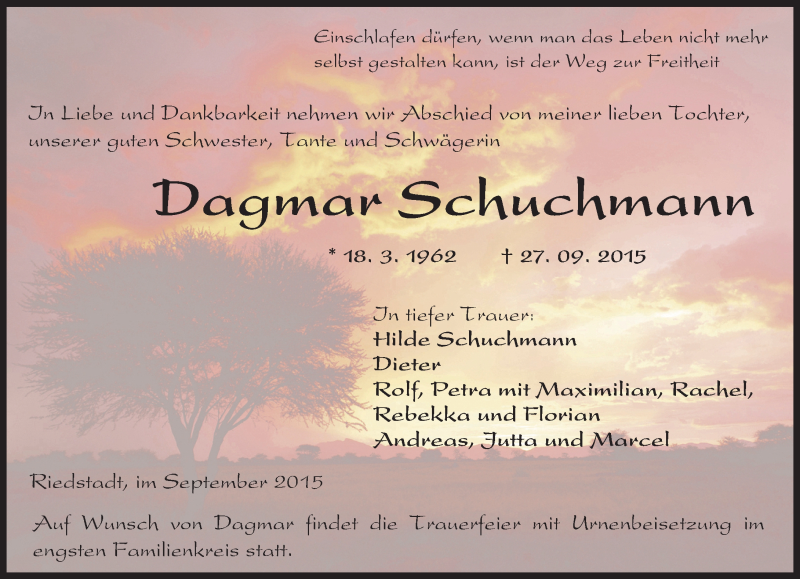  Traueranzeige für Dagmar Schuchmann vom 02.10.2015 aus trauer.echo-online.de
