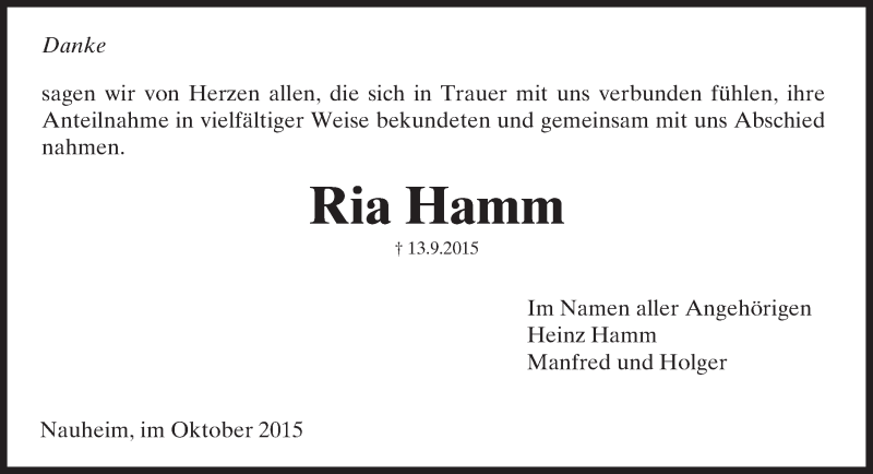  Traueranzeige für Ria Hamm vom 10.10.2015 aus trauer.echo-online.de