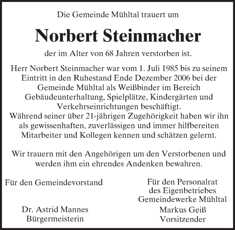  Traueranzeige für Norbert Steinmacher vom 02.10.2015 aus trauer.echo-online.de
