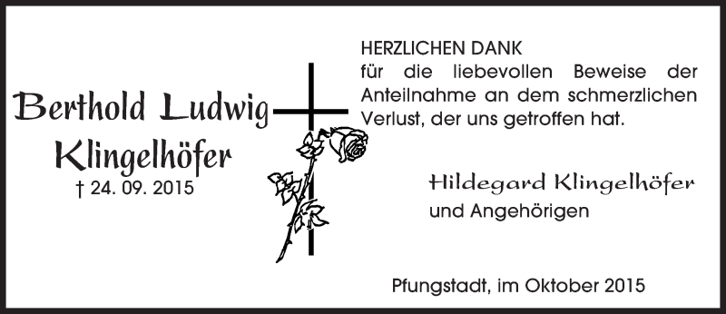  Traueranzeige für Berthold Ludwig Klingelhöfer vom 31.10.2015 aus trauer.echo-online.de