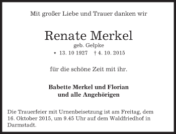 Traueranzeige von Renate Merkel von trauer.echo-online.de