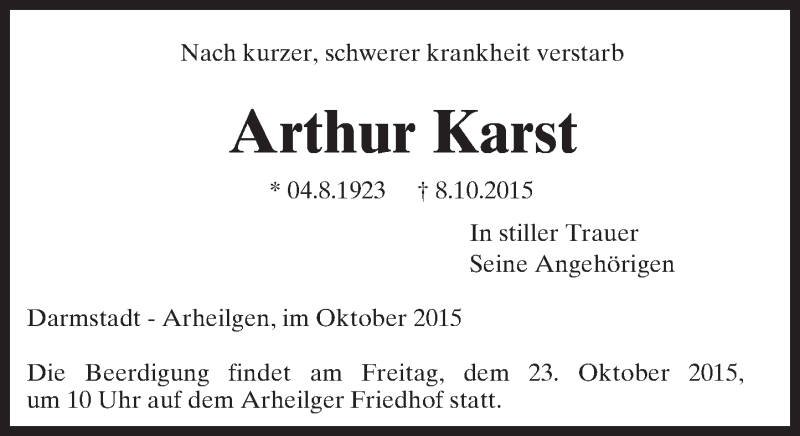  Traueranzeige für Arthur Karst vom 20.10.2015 aus trauer.echo-online.de