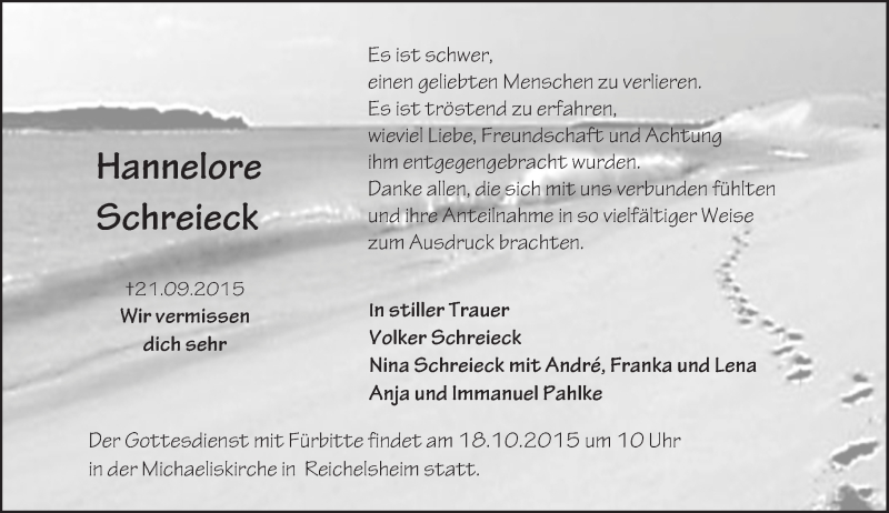  Traueranzeige für Hannelore Schreieck vom 17.10.2015 aus trauer.echo-online.de