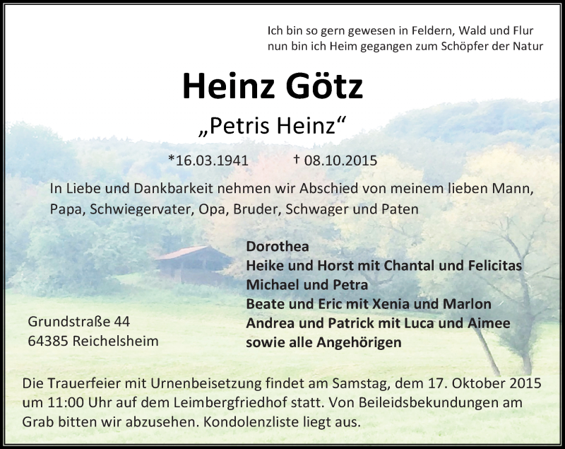  Traueranzeige für Heinz Götz vom 15.10.2015 aus trauer.echo-online.de