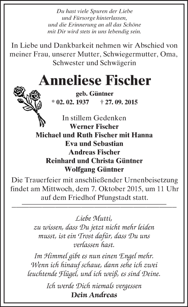 Traueranzeige für Anneliese Fischer vom 02.10.2015 aus trauer.echo-online.de