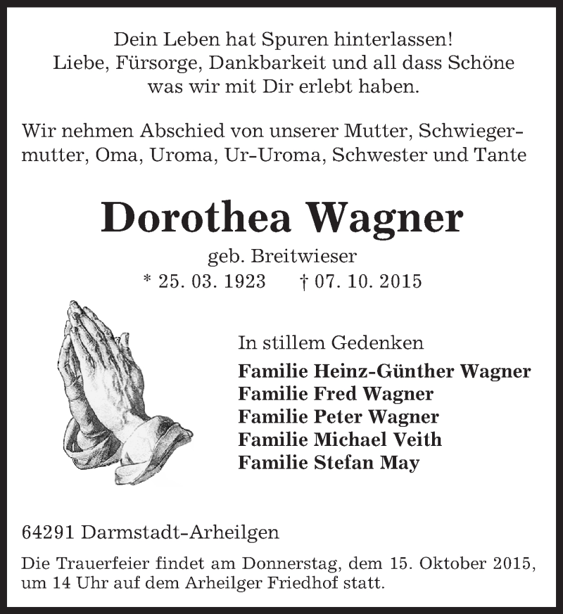  Traueranzeige für Dorothea Wagner vom 10.10.2015 aus trauer.echo-online.de