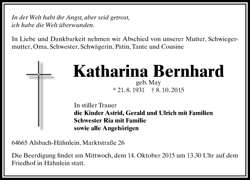  Traueranzeige für Katharina Bernhard vom 12.10.2015 aus trauer.echo-online.de