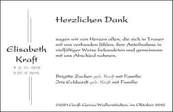 Traueranzeige von Elisabeth Kraft von trauer.echo-online.de
