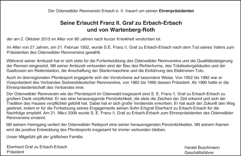  Traueranzeige für Franz Graf zu Erbach-Erbach und von Wartenberg-Roth vom 06.10.2015 aus trauer.echo-online.de