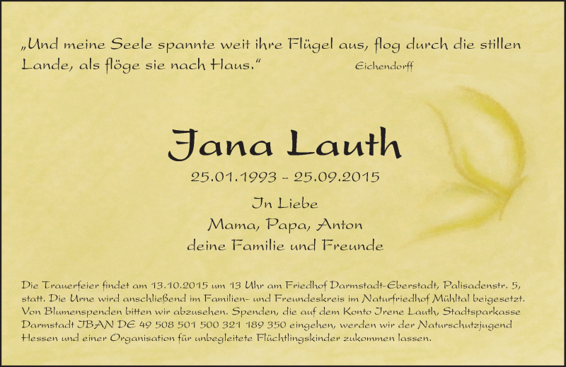  Traueranzeige für Jana Lauth vom 07.10.2015 aus trauer.echo-online.de