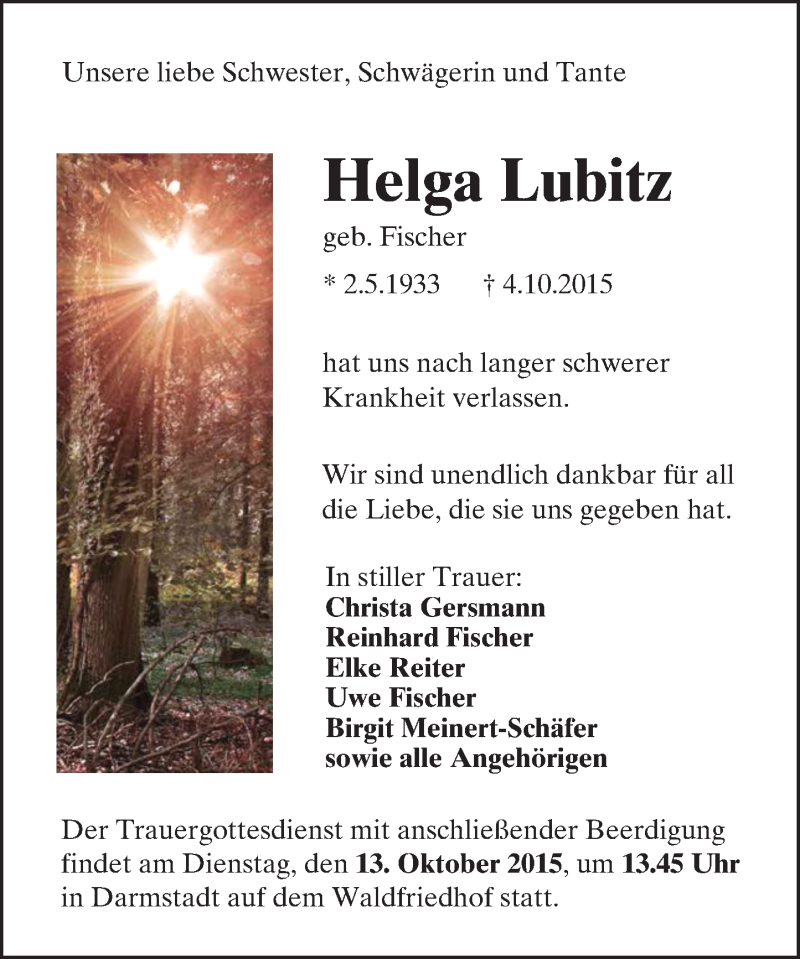  Traueranzeige für Helga Lubitz vom 10.10.2015 aus trauer.echo-online.de