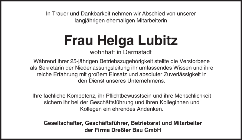  Traueranzeige für Helga Lubitz vom 14.10.2015 aus trauer.echo-online.de