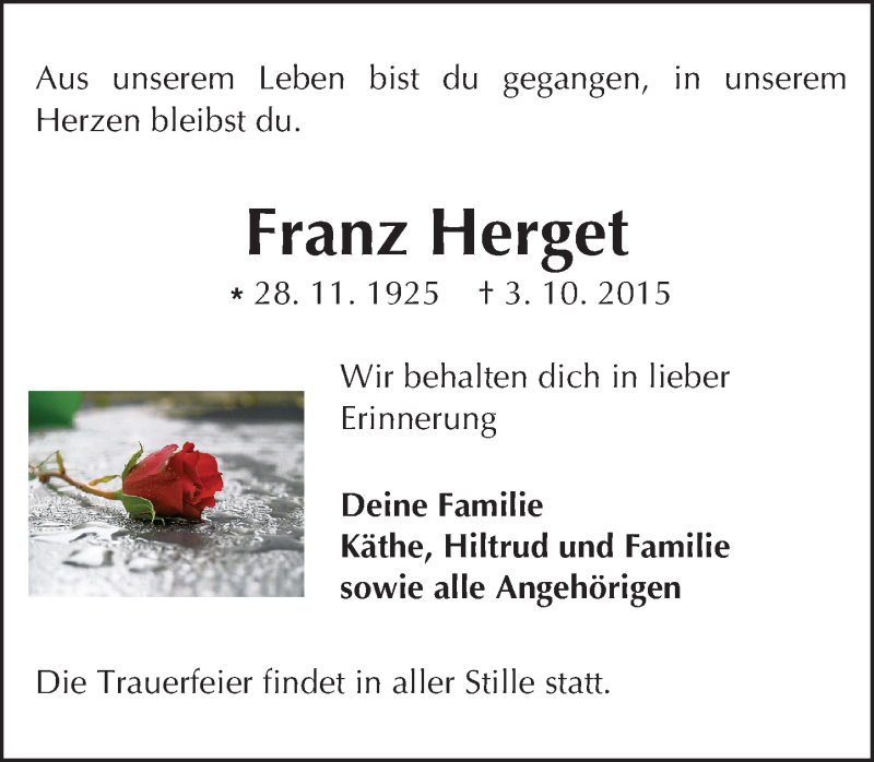  Traueranzeige für Franz Herget vom 10.10.2015 aus trauer.echo-online.de