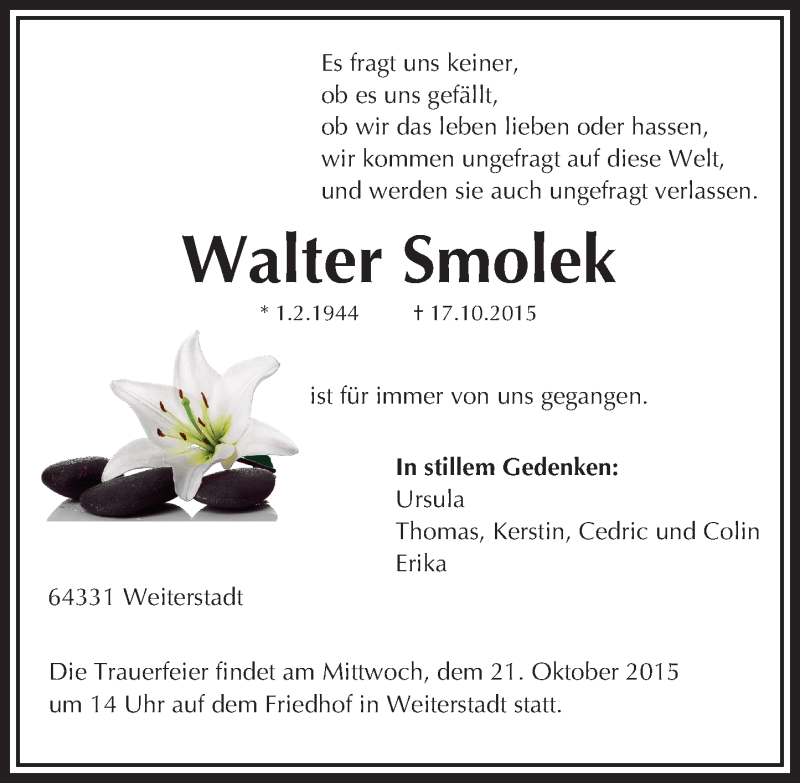  Traueranzeige für Walter Smolek vom 20.10.2015 aus trauer.echo-online.de
