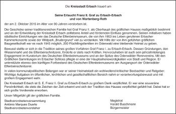 Traueranzeige von Franz Graf zu Erbach-Erbach und von Wartenberg-Roth von trauer.echo-online.de