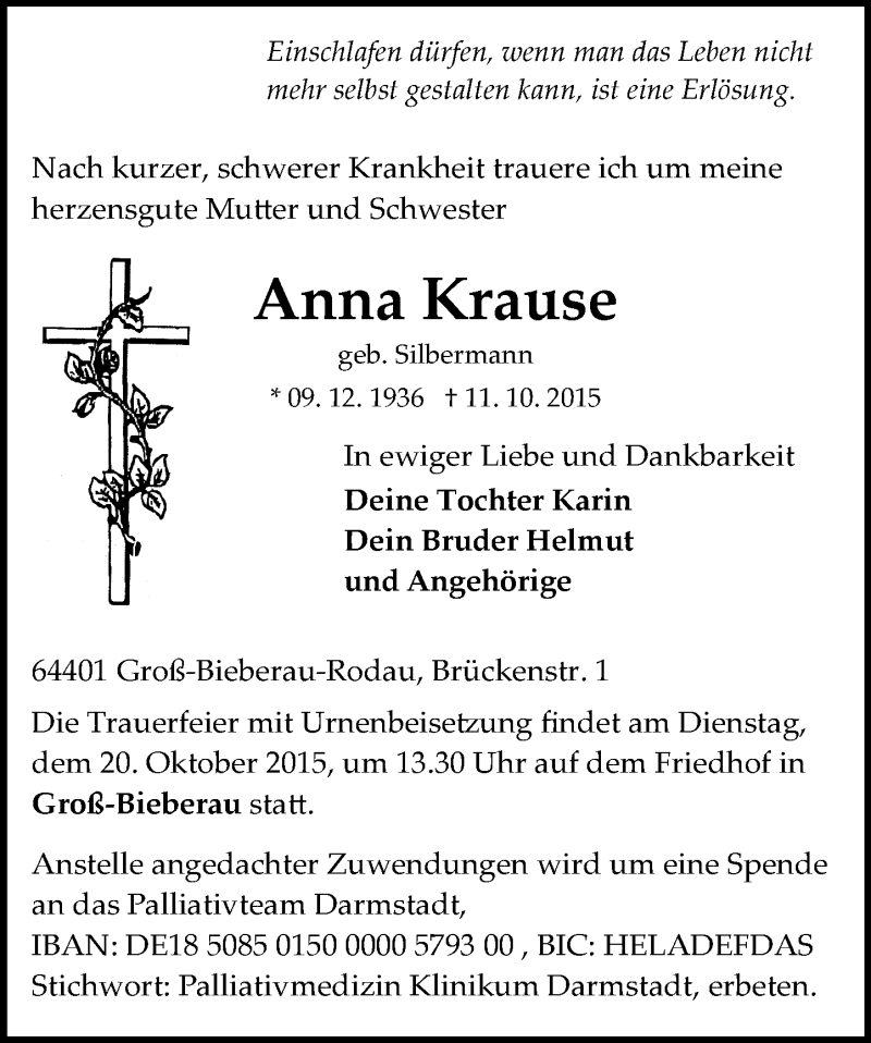  Traueranzeige für Anna Krause vom 17.10.2015 aus trauer.echo-online.de