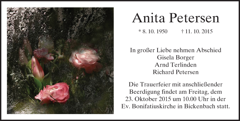  Traueranzeige für Anita Petersen vom 17.10.2015 aus trauer.echo-online.de