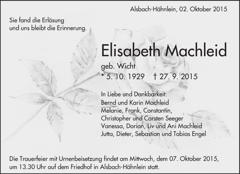  Traueranzeige für Elisabeth Machleid vom 02.10.2015 aus trauer.echo-online.de