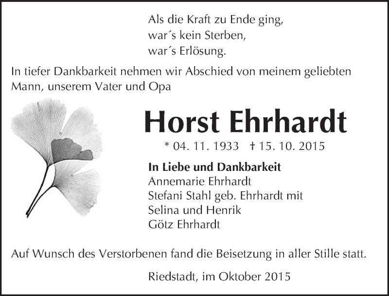  Traueranzeige für Horst Ehrhardt vom 24.10.2015 aus trauer.echo-online.de