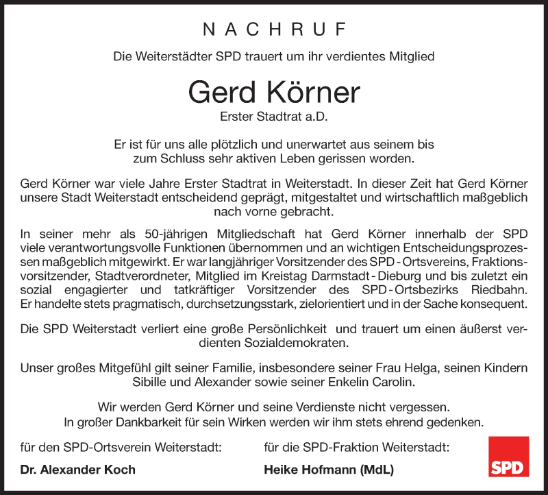  Traueranzeige für Gerd Körner vom 10.10.2015 aus trauer.echo-online.de