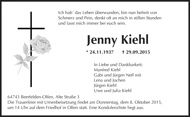  Traueranzeige für Jenny Kiehl vom 06.10.2015 aus trauer.echo-online.de