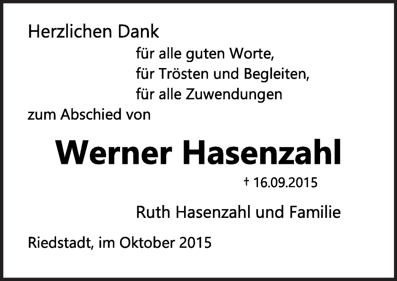  Traueranzeige für Werner Hasenzahl vom 24.10.2015 aus trauer.echo-online.de