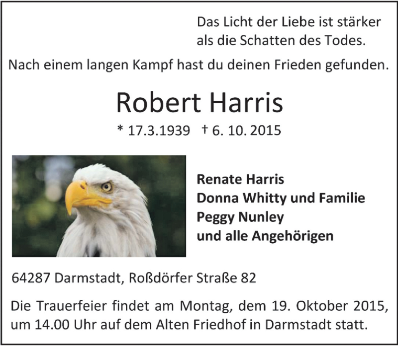  Traueranzeige für Robert Harris vom 10.10.2015 aus trauer.echo-online.de