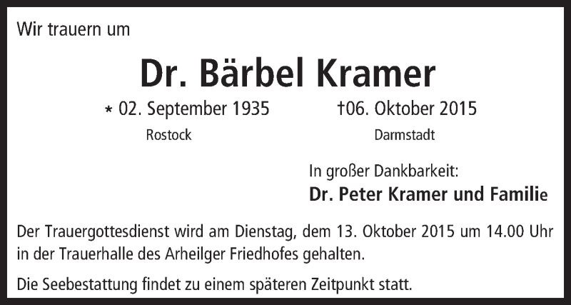  Traueranzeige für Bärbel Kramer vom 10.10.2015 aus trauer.echo-online.de