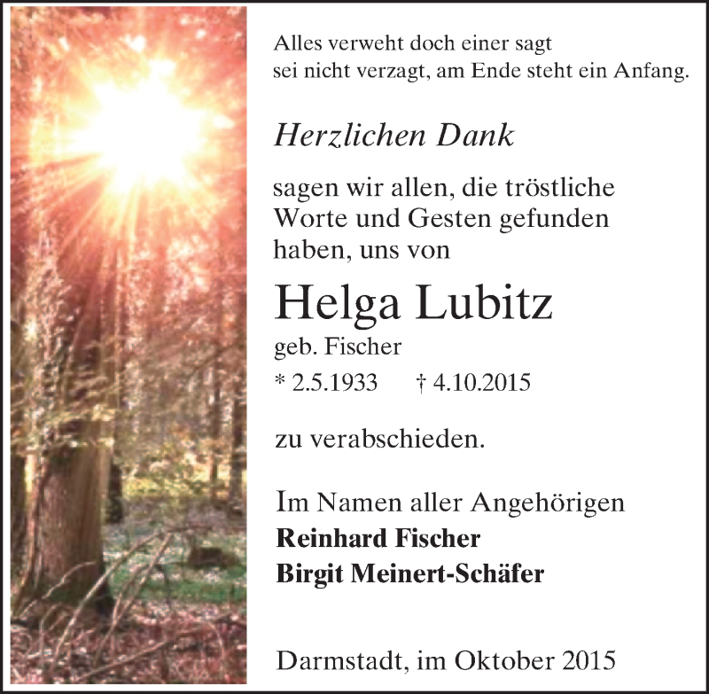  Traueranzeige für Helga Lubitz vom 24.10.2015 aus trauer.echo-online.de