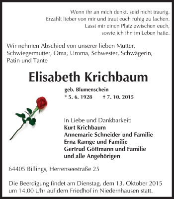 Traueranzeige von Elisabeth Krichbaum von trauer.echo-online.de