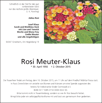 Traueranzeige von Rosi Meuter-Klaus von trauer.echo-online.de