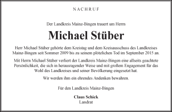 Traueranzeige von Michael Stüber von  Ingelheim-Bingen