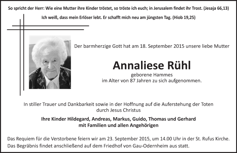  Traueranzeige für Annaliese Rühl vom 22.09.2015 aus  Alzey