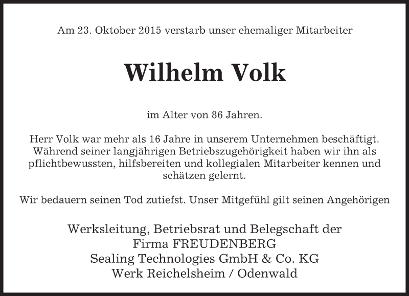  Traueranzeige für Wilhelm Volk vom 04.11.2015 aus trauer.echo-online.de