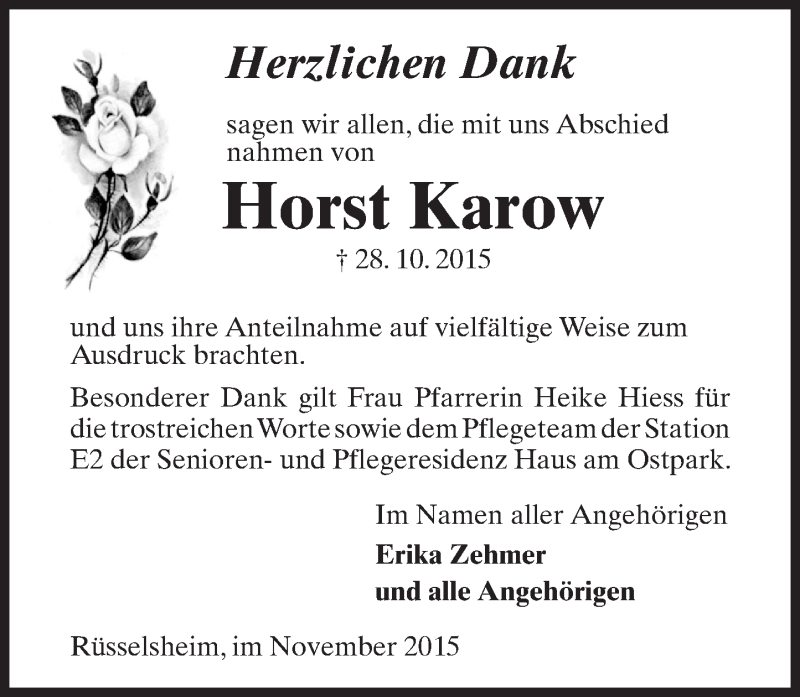  Traueranzeige für Horst Karow vom 28.11.2015 aus trauer.echo-online.de