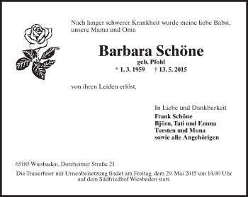 Traueranzeige von Barbara Schöne von  WI-komplett