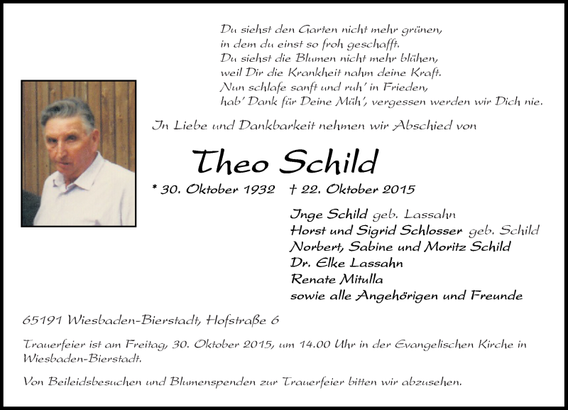  Traueranzeige für Theo Schild vom 27.10.2015 aus  WI-komplett
