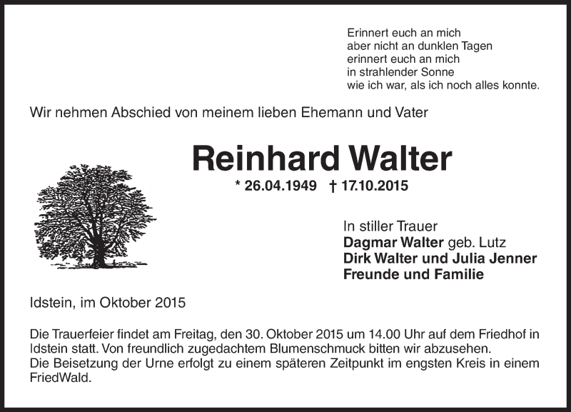  Traueranzeige für Reinhard Walter vom 24.10.2015 aus  Idsteiner Zeitung
